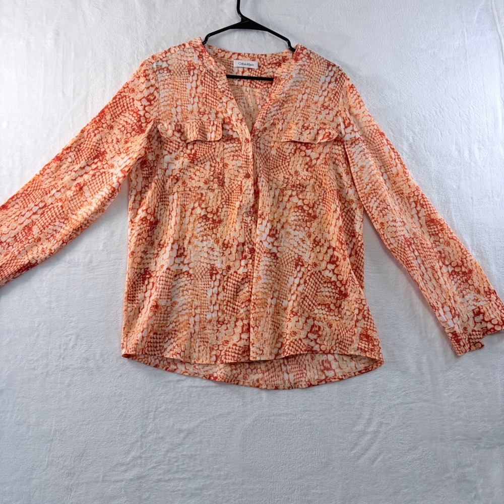 Calvin‎ Klein Womens Snake Print Blouse Orange Long Sleeve Lightweight Top
